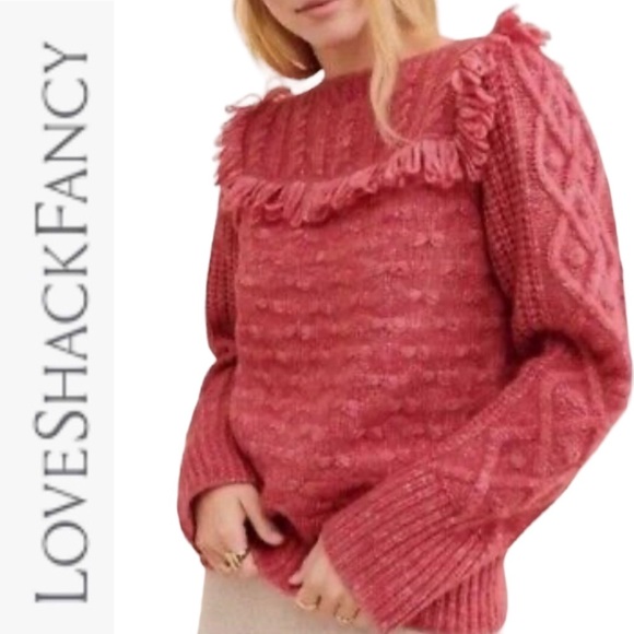 LoveShackFancy Kingston Rose Pink Fringe Sweater Alpaca Wool Sweater - Picture 2 of 16